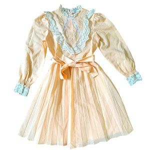 80s 90s Vintage Peach Ruffled Pleated Party Dress Lace Long Sleeved Girls 8 10